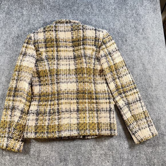 French Connection Tweed Jacket Size 4 Yellow Black Cream Belted Rounded Collar - Picture 3 of 10